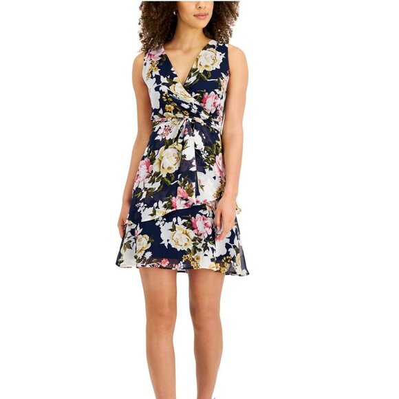 CONNECTED Petite Tiered Chiffon Fit & Flare Dress Navy Multi Size 12P - Picture 1 of 4